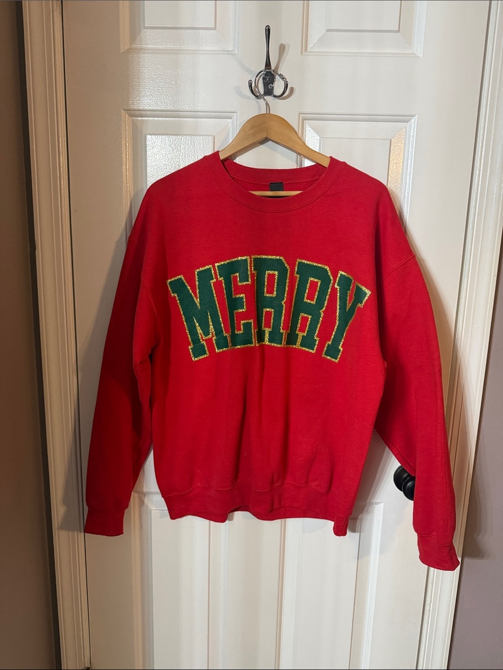 Sweet Claire Red Sweatshirt with Green "MERRY" Applique